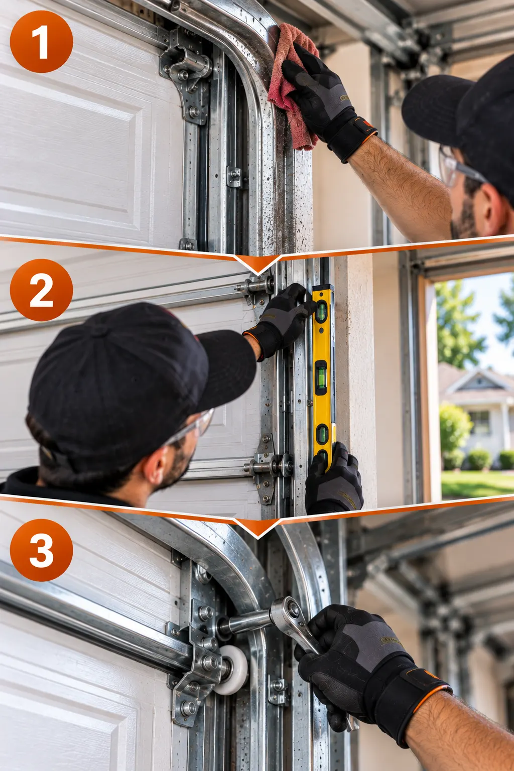Garage door track cleaning and alignment checks