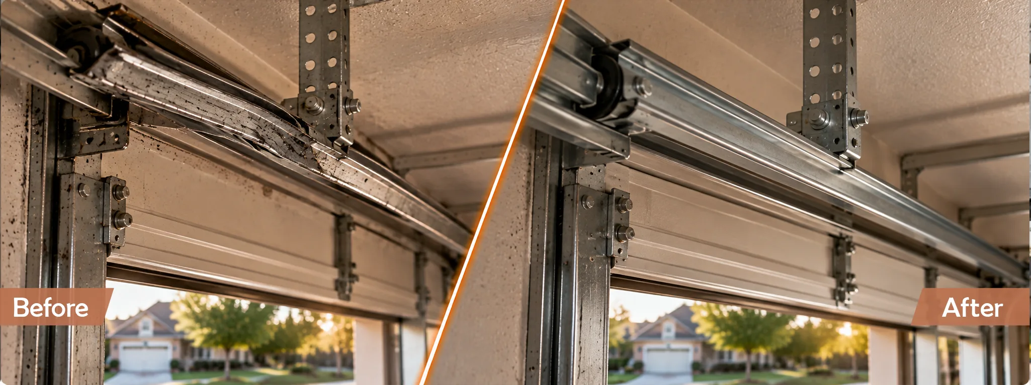 Garage door track before and after repair