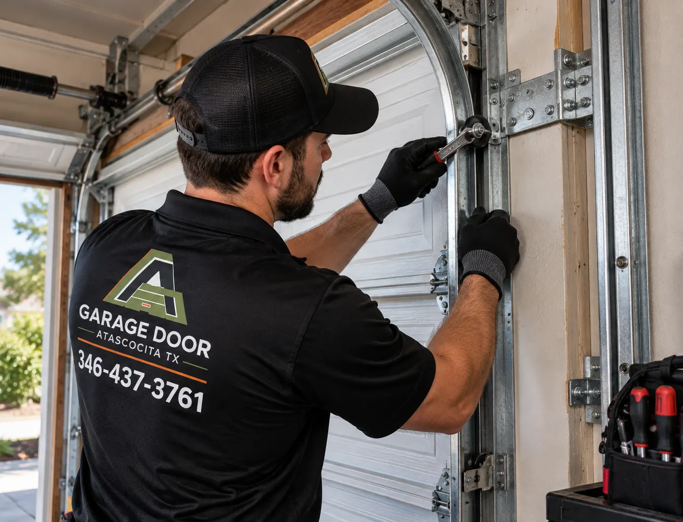 Technician adjusting a garage door track