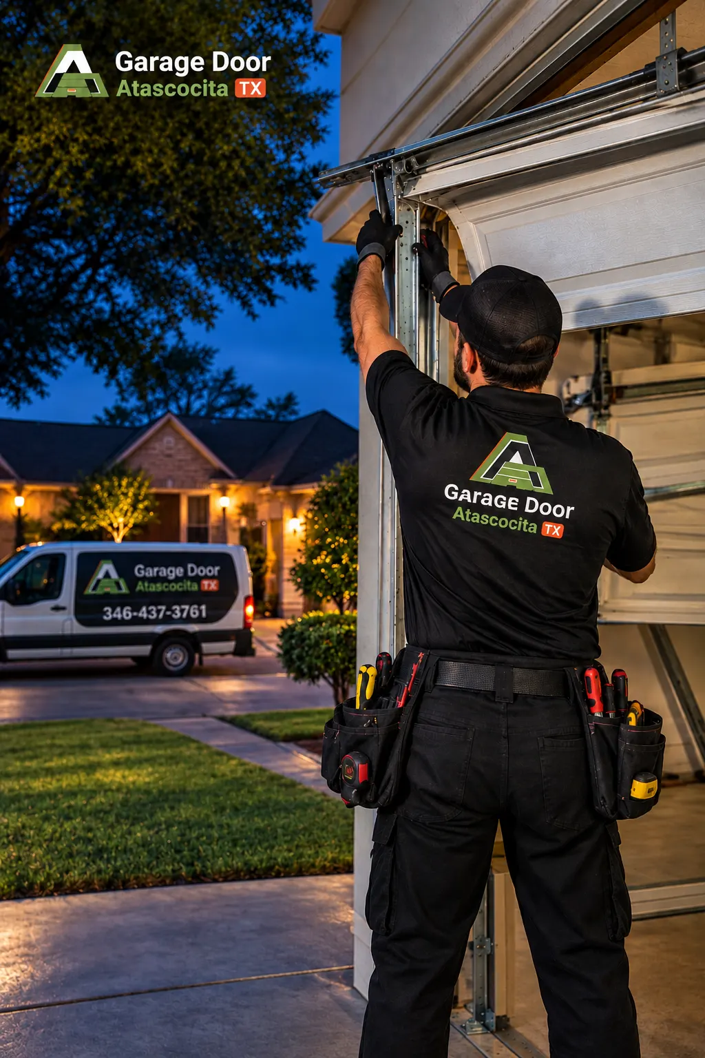 Technician repairing a garage door at night