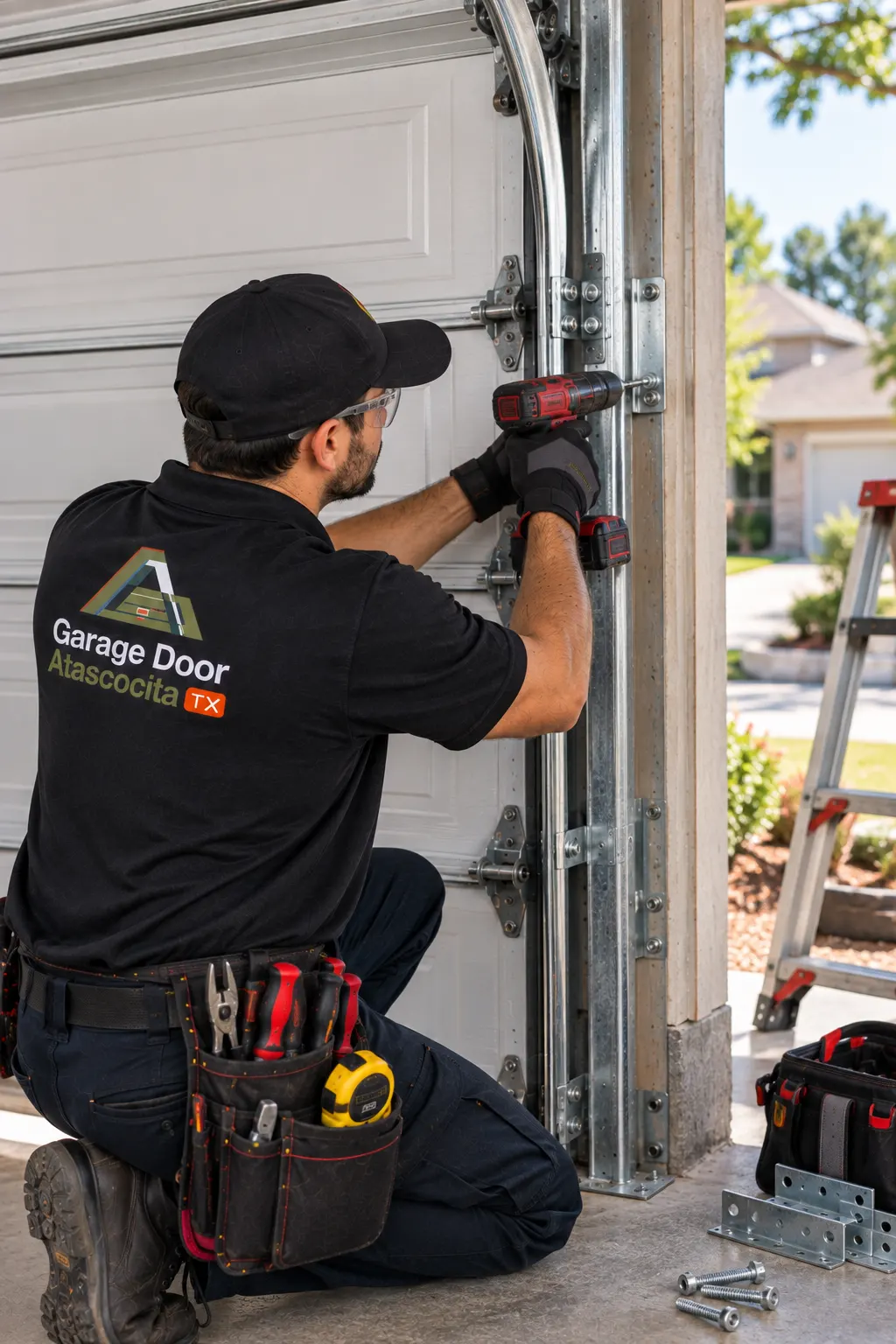 Technician securing a vertical garage door track